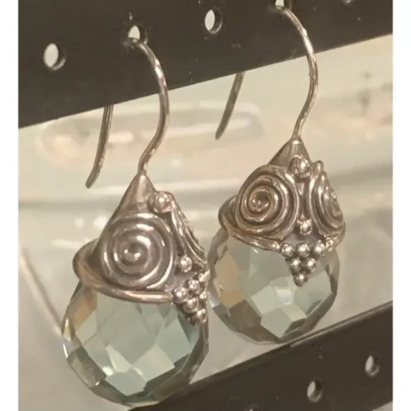 Sajen Earrings Sterling Silver & Light Blue Aquamarine Briolette Drop Fishhooks - Picture 5 of 8